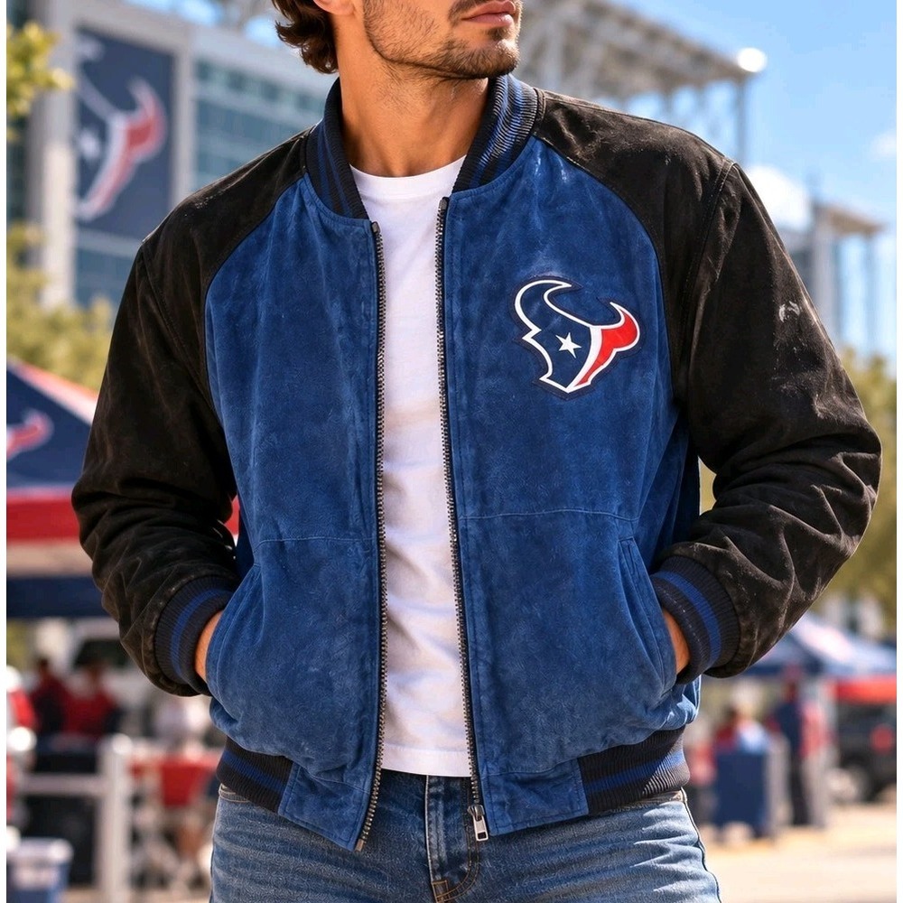 Vintage Houston Texans NFL Leather Suede Jacket Men L Blue Black Embroidered